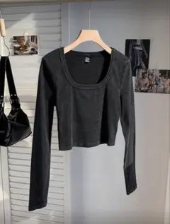 ダークグレー 長袖クルーネックTシャツ