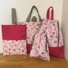 ハンドメイド入園入学4点セット　ピンク地　ネコと花　オペラピンク地