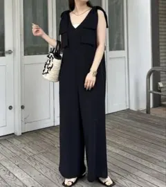 カットジョーゼット肩リボンオールインワン