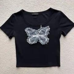 女の子160 ゴージGORGE デニム蝶々ワッペン 半袖Tシャツ ブラックのサムネイル