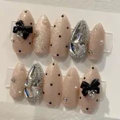 《オーダー》韓国 ピンク マグネット リボン ドット 埋めつくし ネイル