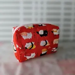 ポーチ　スクエア　ボックス　猫　 和風　 レッド　ハンドメイド