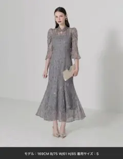 LEJA スパンコール花柄刺繍ソフトパフスリーブマーメイドラインドレスワンピース