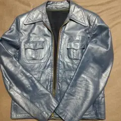 青 レザー シングルライダースジャケット