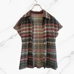 半袖シアーシャツブラウスカーディガン幾何学模様総柄デザインヴィンテージ古着