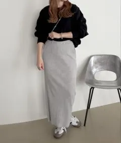 [試着のみ]andmeセルフカットリブロングタイトスカートL 杢グレー