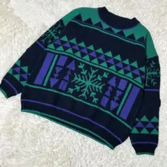 【c3661】ニット セーター　総柄　長袖　メンズ　ネイビー