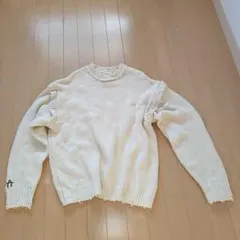 アイボリー フリンジ付き長袖ニット