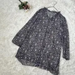 長袖ブラウス　シアーシャツ　花柄　フラワー　前開き　Vネック　緑　紫　レディース