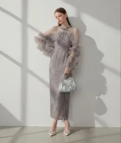 LEJA フリルチュールスリーブリボンIラインワンピースドレス 結婚式パーティー