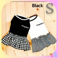 【新品送料無料】ギンガムチェックスカート付きワンピース　 ブラックS 犬服　春物