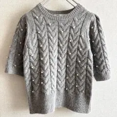 【ZARA】パール装飾 グレー 半袖ニット