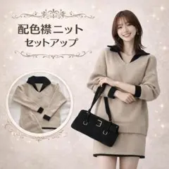 韓国 ニット セットアップ ミニスカート きれいめ 上品 配色