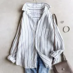 美品▲フランクアンドアイリーン/ EILEENイタリアンリネン ストライプシャツ