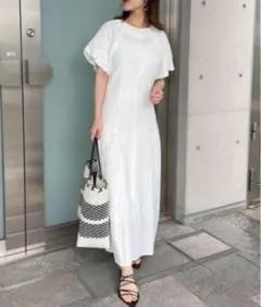 新品 フレイアイディー リネン パフスリーブ ワンピース 半袖 ロングワンピ 白