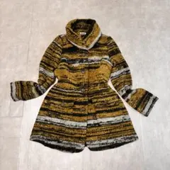 【奇抜】 総柄ロングコート ボーダー マスタード 40 モヘヤ混 レトロ