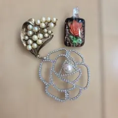 ブローチ 3点セット パール 花 ガラス