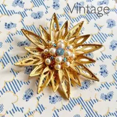 #5014 ヴィンテージ　ブローチ　フラワー　ゴールド　パール