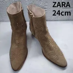 ZARA　ブーツ　ウエスタンブーツ　スエード　スタッズ　ベージュ　24cm