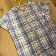 チェック　ロンパース　カバーオール　半袖　かぶせ　青　水色