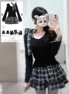 チェック柄ドッキングワンショルダーリボンフリルニットワンピース[pm785]