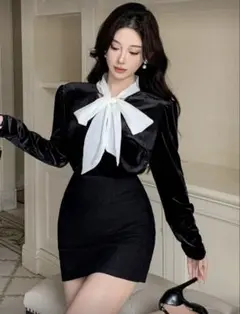 黒いベルベットリボン付き長袖シャツ