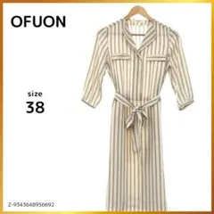 OFUON オフオン ワンピース ベルト シアー 七分袖 膝丈 ストライプ 38