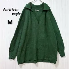 美品✨American eagle【M】グリーン Vネックニット 長袖 襟付き