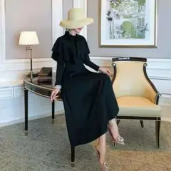 YY-02秋冬のセレブ気質のマントのリボンリボンのウエストの長いワンピース