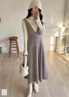 GRL サイドベルトスエードポンチフレアジャンパースカート(グレージュ)