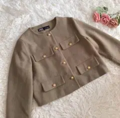 ZARA ツイード ジャケット 金ボタン カーキ ノーカラー