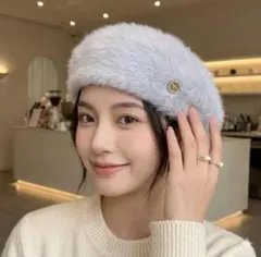 ベレー帽　アンゴラ　ホワイト大人ふわふわ韓国　レトロ　昭和キャップ小顔効果グレー