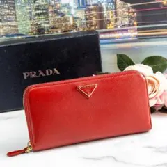PRADA サフィアーノ ラウンドファスナー 長財布 三角ロゴ レッド