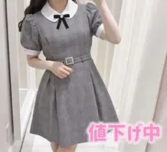 ꒰ 値下げ中 ‪꒱ evelyn チェックリボンワンピース グレー ベルト付き