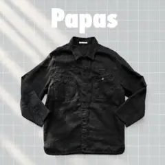 Papas パパス ブラック シャンブレー リネン ワーク シャツ黒 50 L