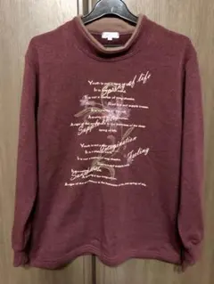 長袖トップス フロント刺繍 モックネック ワインレッド M-L 裏起毛