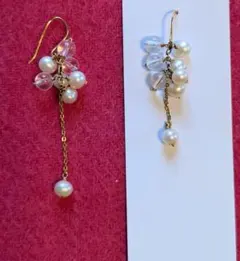 パールとクリスタルのロングチェーンピアス