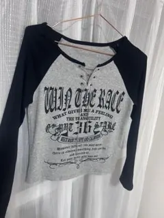 GRL チェーンレースアップロゴプリントリブトップス グレー