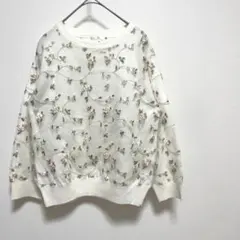 t290【イッツデモ】刺繍レースニットトップス　長袖　白　M