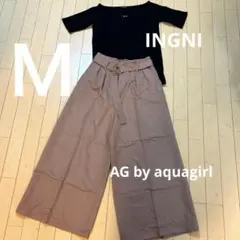 セット売り　セットアップ　リブ編み黒　ブラウンワイドパンツ　コーデ売り　Ｍ　秋