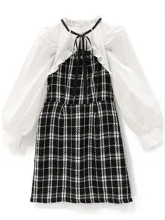 リボンタイ付きボレロドッキングチェック柄ミニワンピース