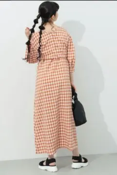 BEAMS HEART ギンガムチェック レイヤード ワンピース オレンジ