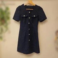 キャバドレス☆ネイビー 半袖ミニワンピース ボタン付き(S)