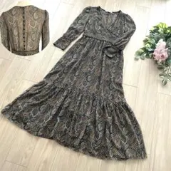 美品♡ZARA ゴールドドット　深めVネック　リーフ柄　フレア切替えワンピース