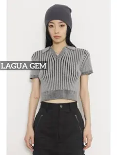 k0585 LAGUA GEM POLO NECK GROOVE ニット　グレーのサムネイル