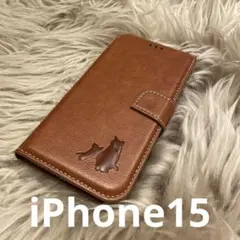 iPhone15 手帳型スマホケース　レザー　茶　猫親子　仔猫　シンプル
