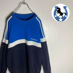 古着】アディダス 青 白 黒 トレーナー 刺繍 トリプルライン ワンポイント