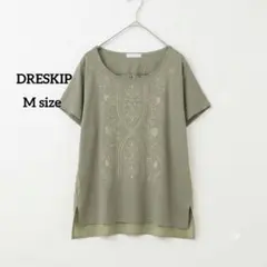 ag582）DRESKIP 刺繍カットソー カーキ 切替 シフォン M シアーのサムネイル