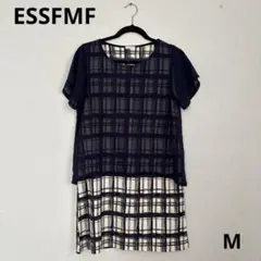 ESSFMF ネイビー チェック柄 二枚重ね半袖ワンピース
