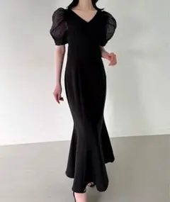 JUNOAH パワショル Vネック マーメイド ワンピース ロング 黒 スナ系